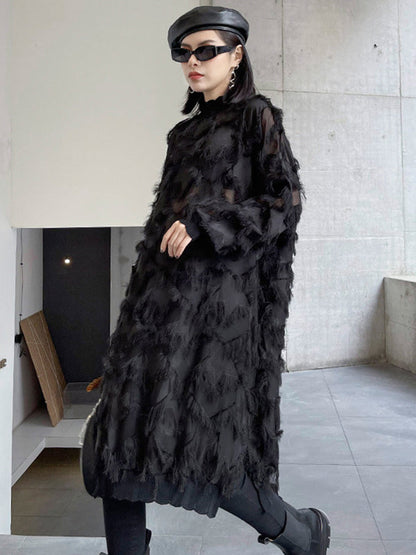Irregularity Long Sleeves Asymmetric Mesh Pockets See-Through Solid Color Split-Joint Tasseled Stand Collar Midi Dresses
