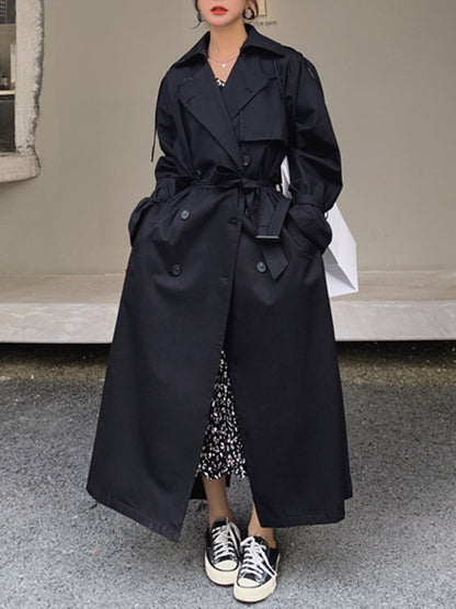 Long Sleeves Loose Buckle Buttoned Solid Color Split-Back Lapel Trench Coats