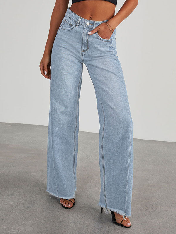 High Waisted Wide Leg Split-Joint Tasseled Jean Pants Bottoms