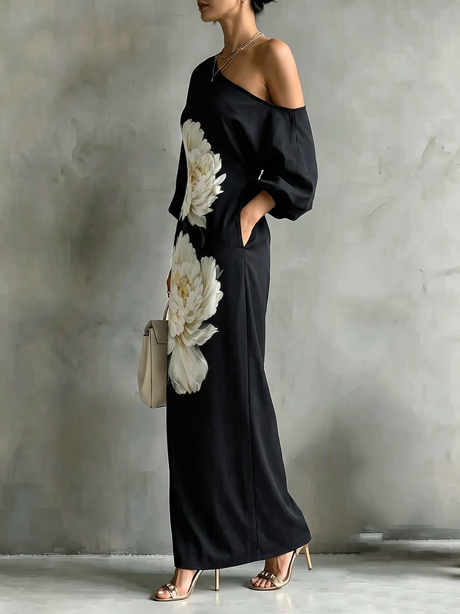 Pockets Flower Print Asymmetric Three-quarter Sleeves Loose One-shoulder Maxi Dresses