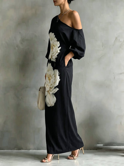 Pockets Flower Print Asymmetric Three-quarter Sleeves Loose One-shoulder Maxi Dresses