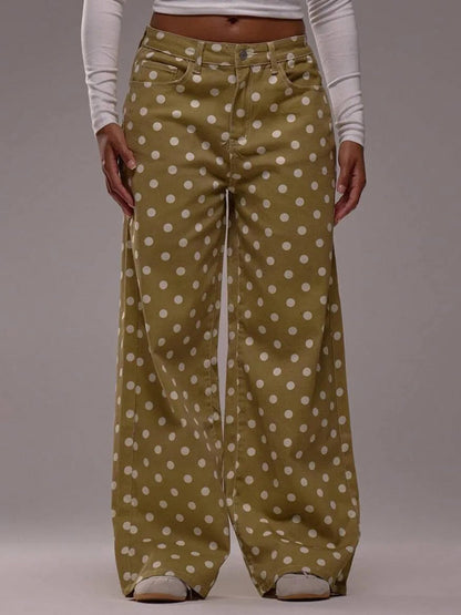 High Waisted Wide Leg Buttoned Contrast Color No Belt Polka Dot Zipper Pants Trousers