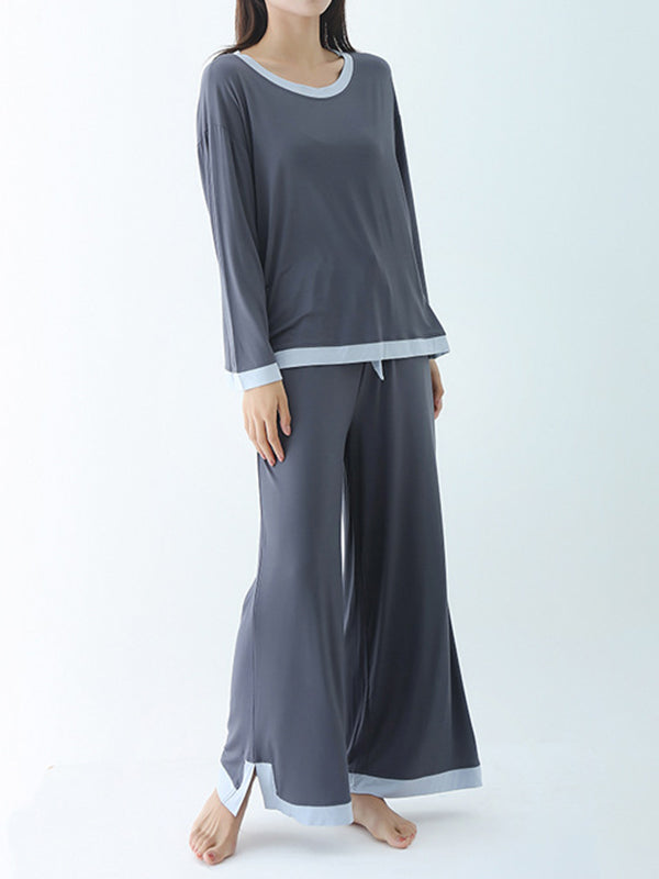 Long Sleeves Loose Contrast Color Round-Neck Two Pieces Pajama Set