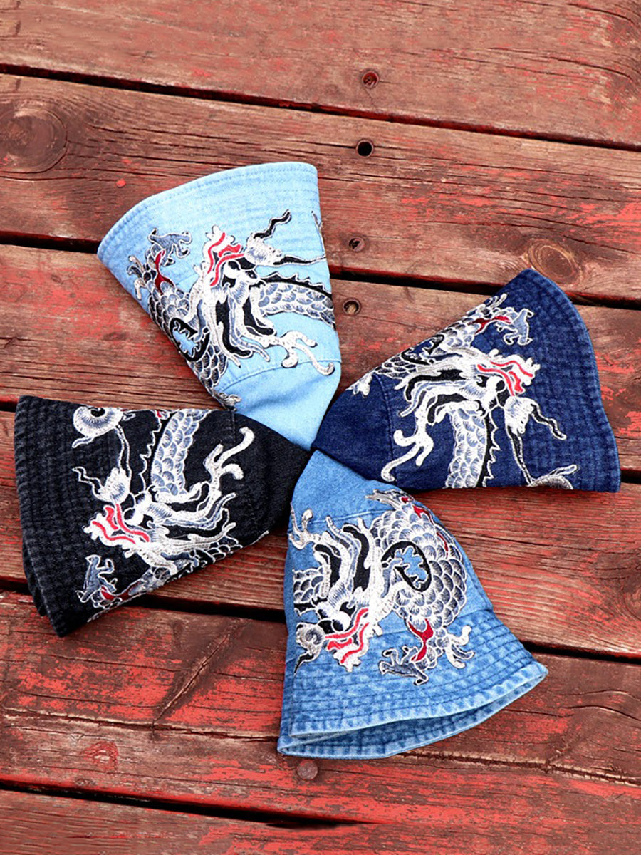 Women Retro Flower Embroidery Denim Bucket Hat