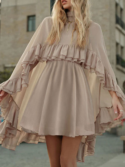 High Waisted Sleeveless Pleated Ruffled Solid Color Split-Joint Tied Mock Neck Mini Dresses Two Pieces Set