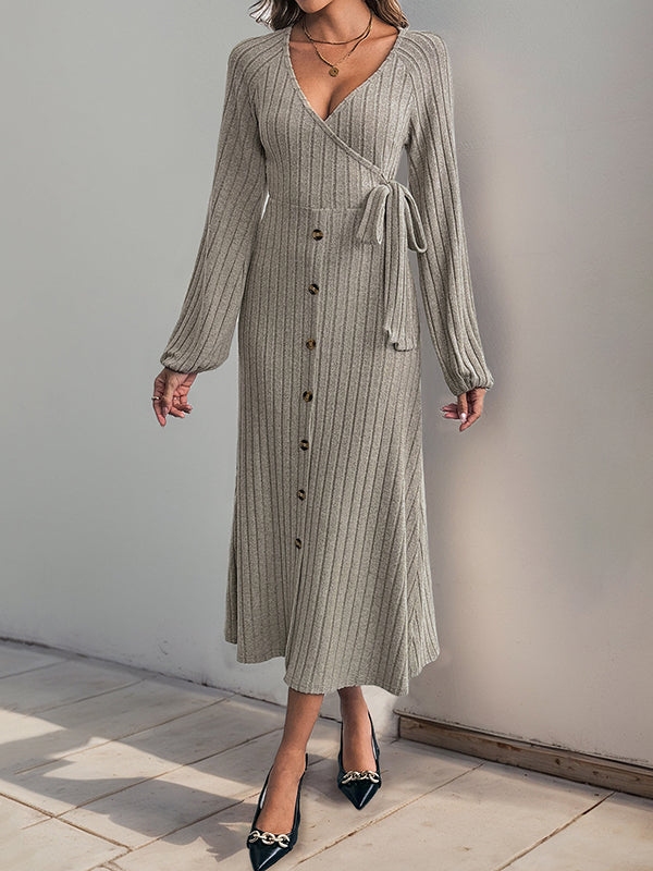 A-Line High Waisted Buttoned Elasticity Solid Color Tied Waist V-Neck Midi Dresses