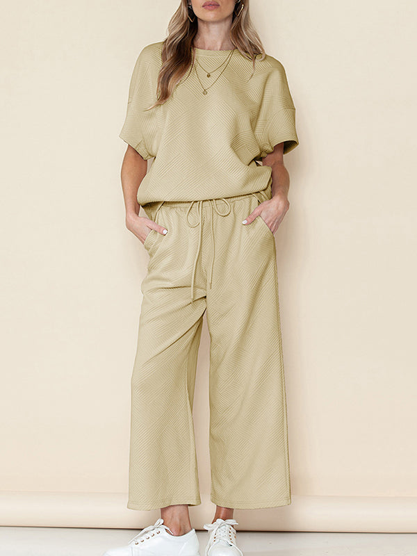 Loose Short Sleeves Solid Color Round-Neck T-Shirt Top + Drawstring Elasticity Pockets Pants Botttom Two Pieces Set