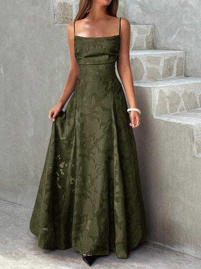 A-Line High Waisted Jacquard Pleated Solid Color Spaghetti-Neck Maxi Dresses