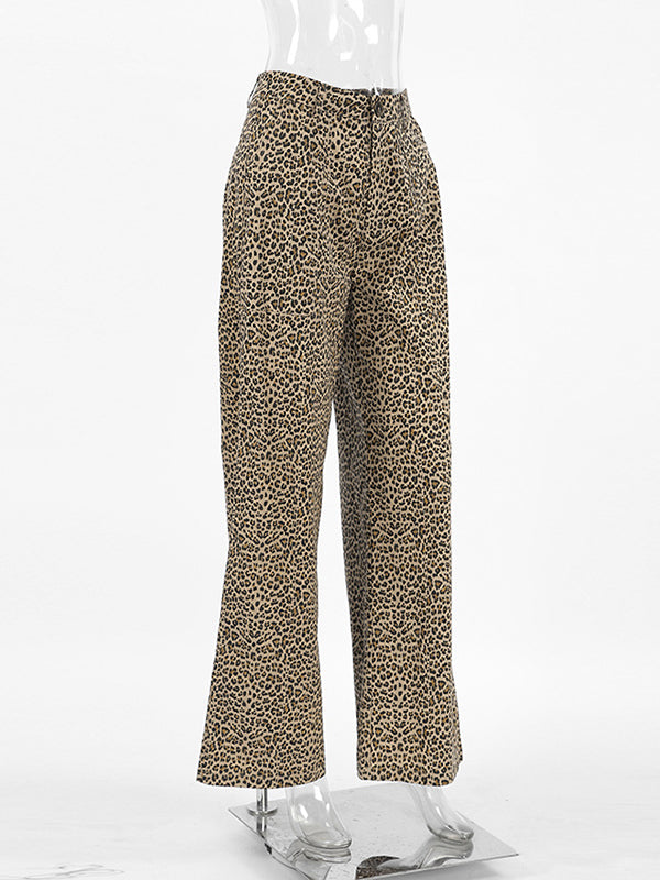 High Waisted Loose Leopard Printed Split-Joint Pants Trousers