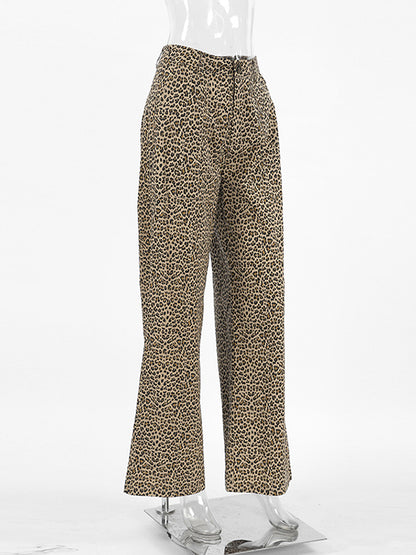 High Waisted Loose Leopard Printed Split-Joint Pants Trousers