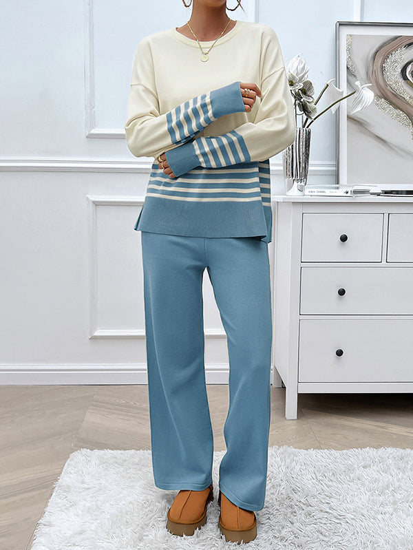 Long Sleeves Loose Contrast Color Split-Side Striped Round-Neck Sweater Top + Pants Bottom Two Pieces Set