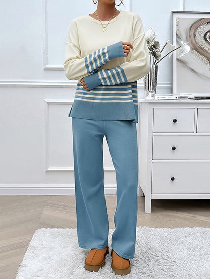 Long Sleeves Loose Contrast Color Split-Side Striped Round-Neck Sweater Top + Pants Bottom Two Pieces Set