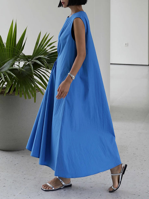 Loose Sleeveless Asymmetric Drawstring Pleated Solid Color Tied Round-Neck Midi Dresses