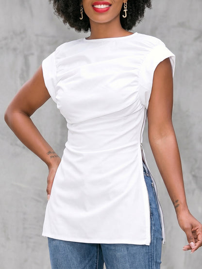 Short Sleeves Pleated Solid Color Zipper Round-Neck T-Shirts Tops