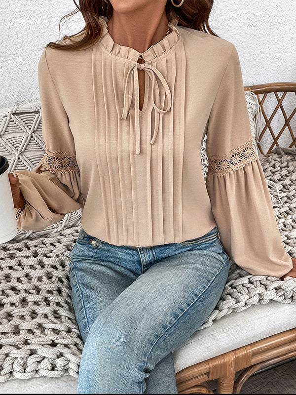 Long Sleeves Loose Pleated Solid Color Split-Joint V-Neck Blouses&Shirts Tops