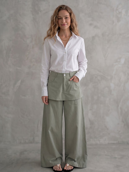 False Two High Waisted Buttoned Pockets Solid Color Pants