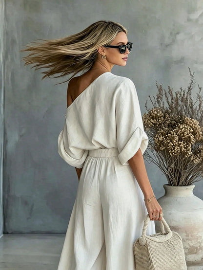 Half Sleeves Loose Solid Color One-Shoulder Blouses&Shirts Tops