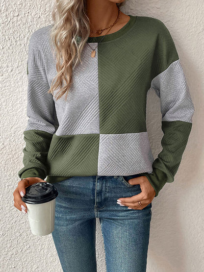 Long Sleeves Loose Contrast Color Split-Joint Round-Neck Sweatshirt Tops