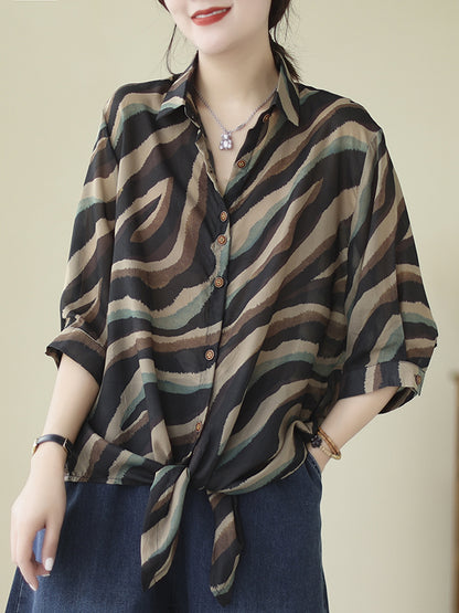 Long Sleeves Loose Buttoned Tied Zebra-Stripe Lapel Blouses&Shirts Tops