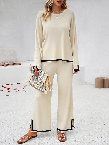Long Sleeves Contrast Color Split-Joint Split-Side Round-Neck High-Low Sweater Tops +  Pants Bottom Two Pieces Set