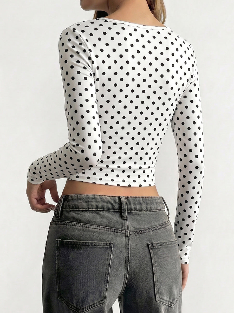 Polka-Dot Skinny Long Sleeves Square-neck T-Shirts Tops