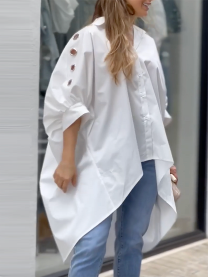 Loose Puff Sleeves High-Waisted Hollow Solid Color Lapel Collar Blouses&Shirts Tops