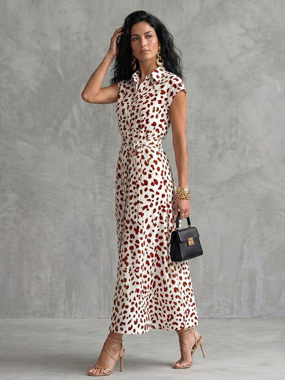 A-line Cap Sleeve Buttoned Leopard Printed Tied Waist Midi Dresses Shirt Dress
