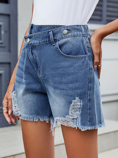 High Waisted Buttoned Pockets Ripped Solid Color Tasseled Shorts Bottoms