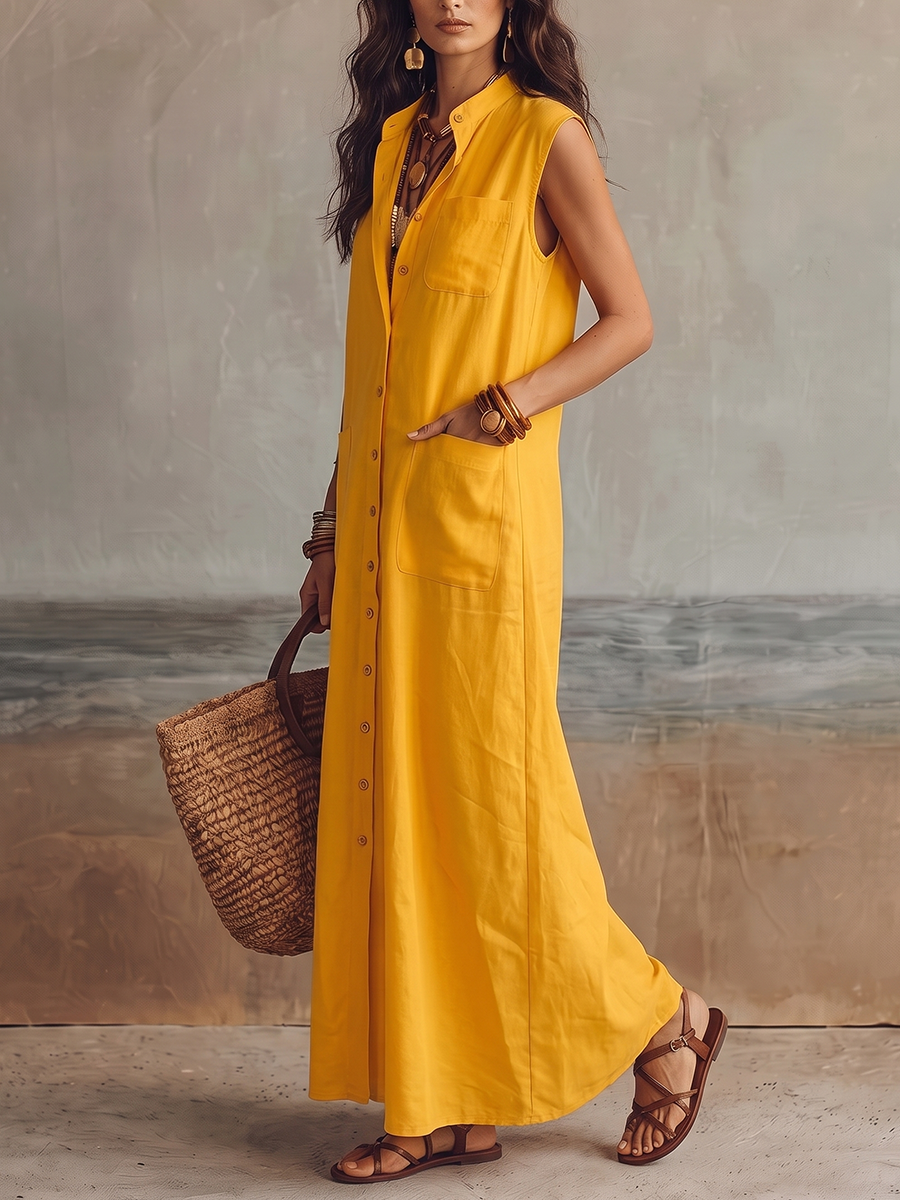 Loose Sleeveless Buttoned Pockets Solid Color Lapel Maxi Dresses