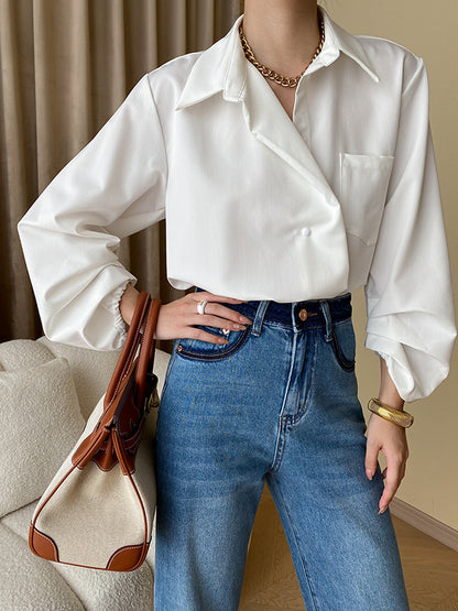 Bishop Sleeve Long Sleeves Buttoned Pockets Solid Color Split-Joint Polo Blouses&Shirts Tops
