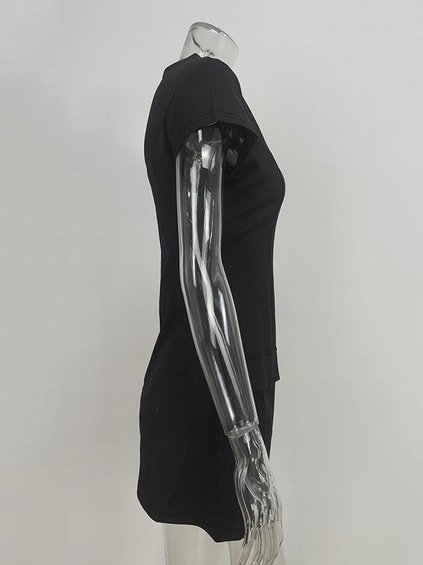 A-Line High Waisted Pockets Solid Color Split-Joint Mock Neck Mini Dresses