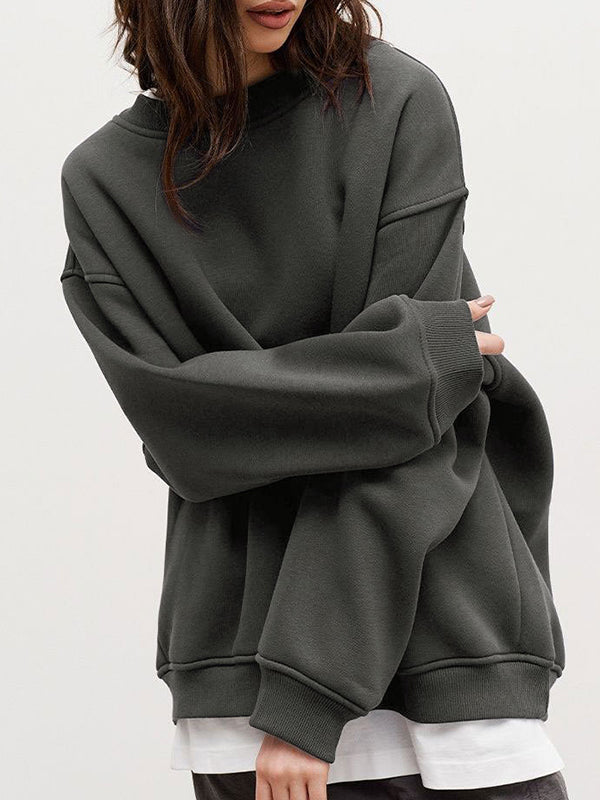 Long Sleeves Loose Solid Color Round-Neck Sweatshirt Tops