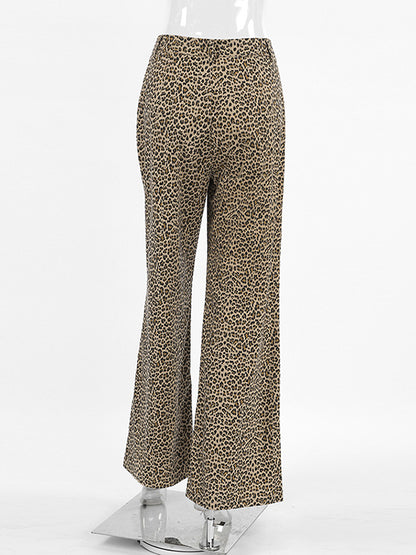 High Waisted Loose Leopard Printed Split-Joint Pants Trousers