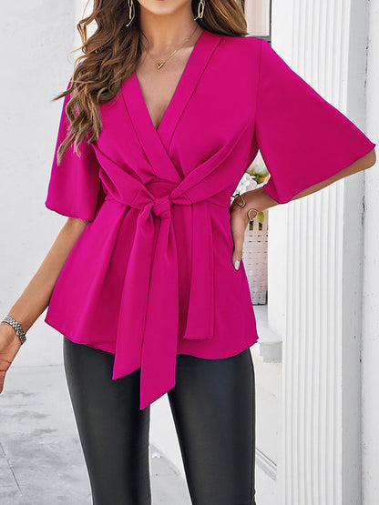 Flared Sleeves Half Sleeves Solid Color Tied V-Neck Blouses&Shirts Tops