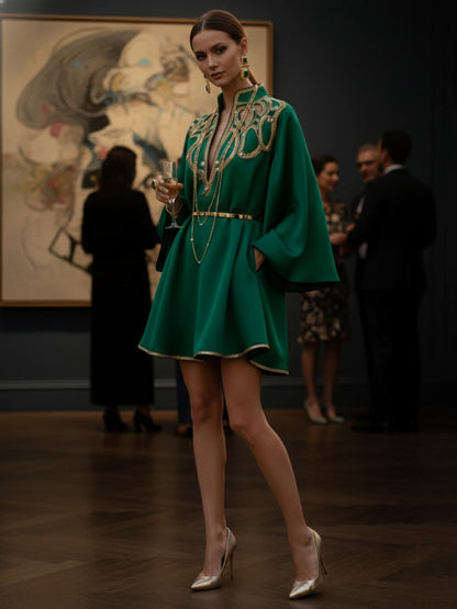 A-Line Long Sleeves Contrast Color Printed Split-Joint Stand Collar Mini Dresses