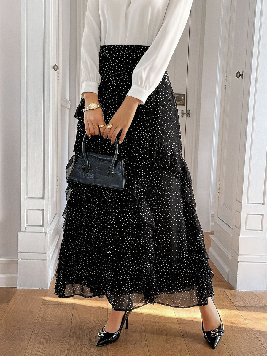 A-Line High Waisted Contrast Color Layered Polka-Dot Ruffled Split-Joint Skirts Bottoms