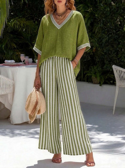 Half Sleeves Loose Contrast Color Pockets Striped V-Neck Blouses Top + Pants Bottom Two Pieces Set