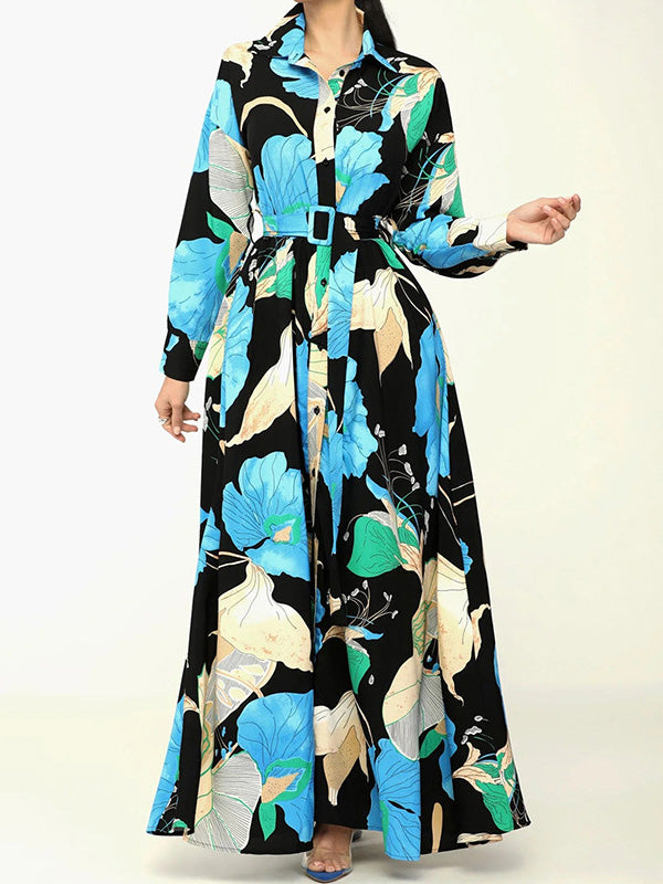 A-Line High Waisted Belted Buttoned Flower Print Lapel Maxi Dresses