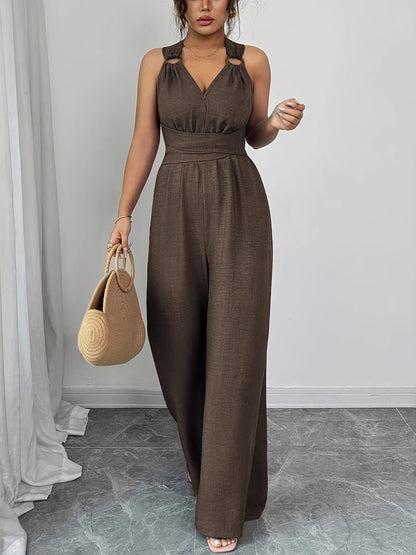 High Waisted Sleeveless Backless Solid Color Tied Spaghetti-Neck Jumpsuits
