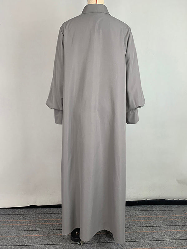 Long Sleeves Loose Solid Color Split-Joint Split-Side Lapel Maxi Dresses Shirt Dress