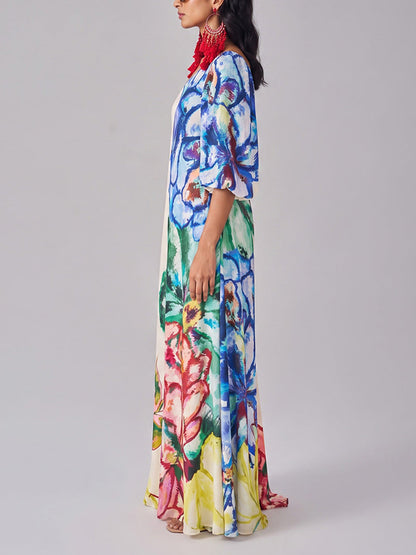 Loose Puff Sleeves Asymmetric Contrast Color Elasticity Flower Print Split-Joint One-Shoulder Maxi Dresses
