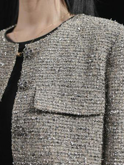 Long Sleeves Loose Buttoned Pockets Weave Round-Neck Outerwear