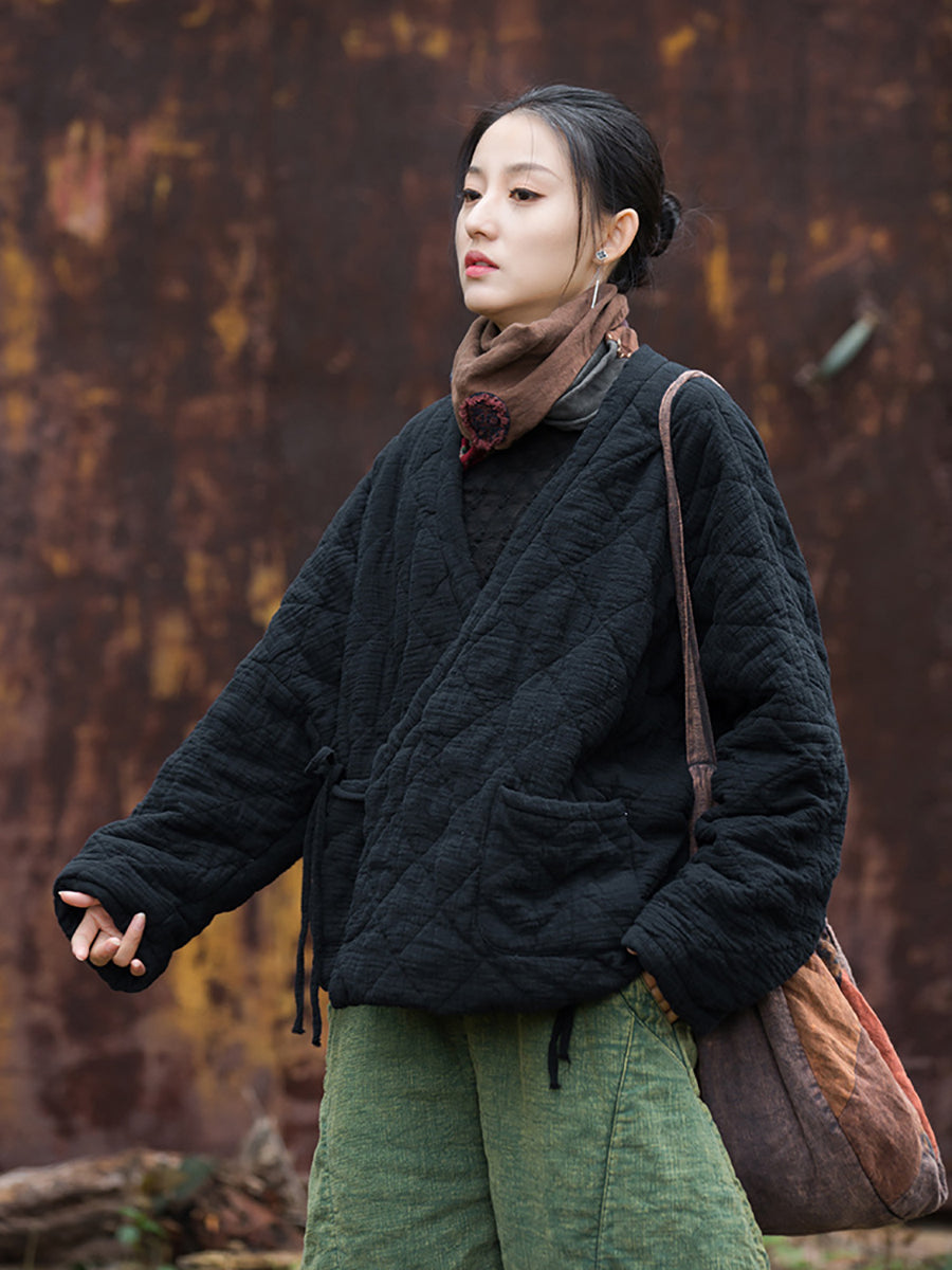 Women Winter Artsy Pure Color V-Neck Padded Coat