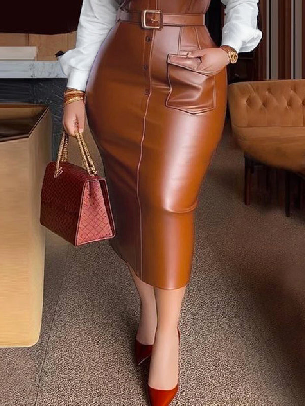 Long Sleeves Skinny Belted Buttoned Split-Joint Lapel Midi Dresses Shirt Dress