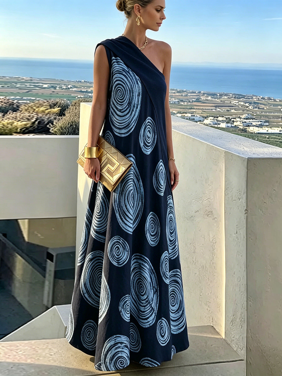 A-Line Loose Contrast Color Pleated Printed Split-Joint One-Shoulder Maxi Dresses