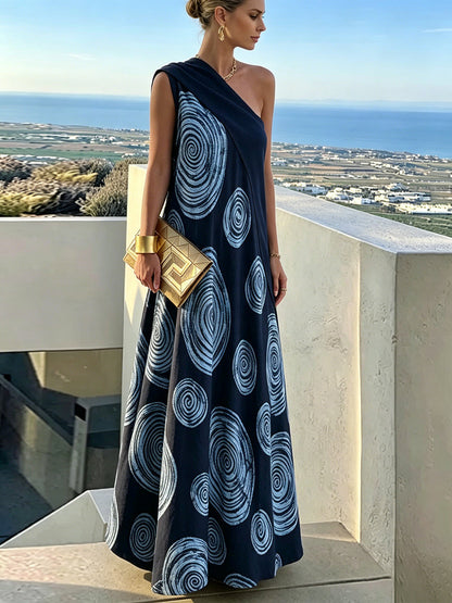 A-Line Loose Contrast Color Pleated Printed Split-Joint One-Shoulder Maxi Dresses