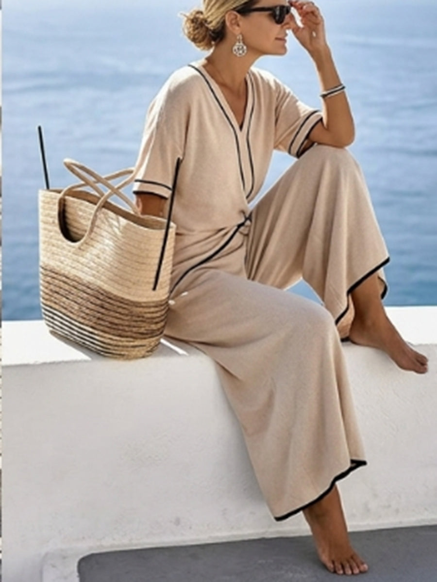 A-Line High Waisted Contrast Color Knot Line Pleated Pockets V-Neck Jumpsuits