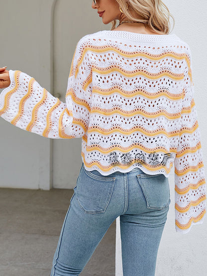 Hollow Split-Joint Striped Round-Neck Sweater