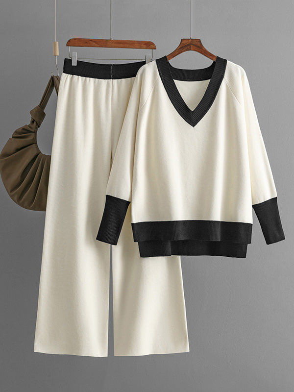 High-Low Contrast Color Split-Side V-Neck Sweater Tops + Elasticity Pants Trousers Two Pieces Set