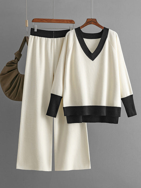 High-Low Contrast Color Split-Side V-Neck Sweater Tops + Elasticity Pants Trousers Two Pieces Set